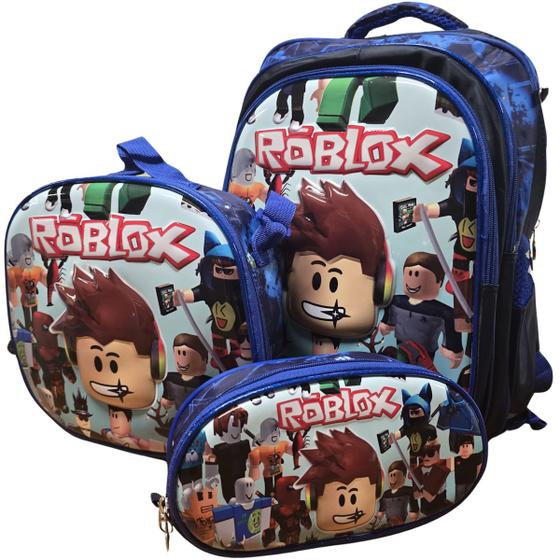 Imagem de Kit Escolar Efeito 3D Mochila Lancheira Merendeira Estojo Roblox Jogos Infantil Criança Menino Masculina Azul Preta Personagem