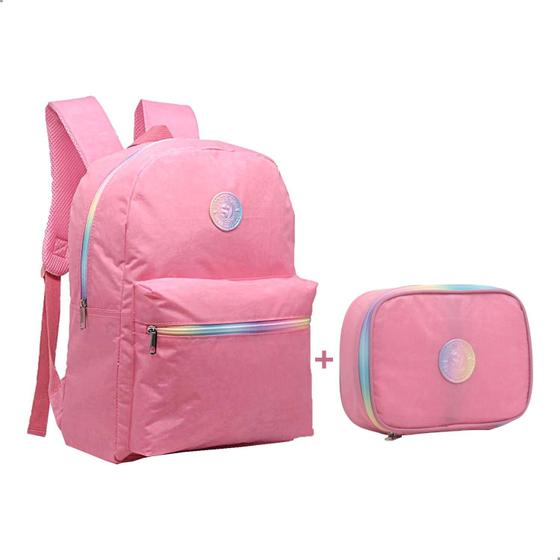 Imagem de Kit Escolar Femino Mochila Nylon + Estojo 100 Pen Rainbow Yepp