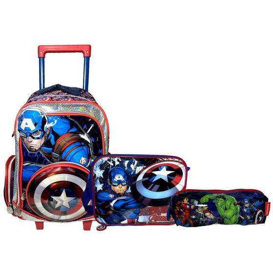 Imagem de Kit Escolar Herói Capitão América Vingadores Marvel : Mochila Rodinhas + Lancheira Térmica + Estojo