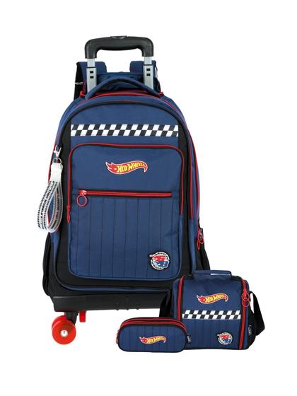 Imagem de Kit Escolar HotWheels Luxo Mochila 2em1 Rodas e Costas Lancheira Estojo HotWheels