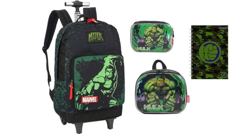 Imagem de Kit Escolar Hulk Mochila Rodas Costas + Lancheira + Estojo