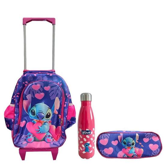 Imagem de Kit Escolar Infantil 3 Peças Stitch Roxo com Rodinhas  - GV Bolsas