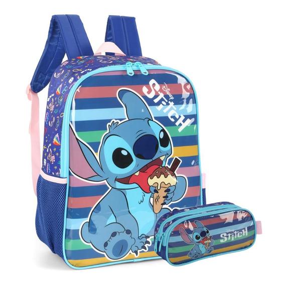 Imagem de Kit Escolar Infantil Juvenil Mcohila de Costas com Estojo Stitch Original - Luxcel