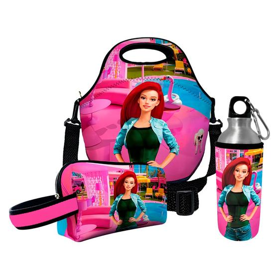 Imagem de Kit Escolar Infantil Lancheira Térmica + Necessaire Plus + Squeeze de Alumínio  ISOPRENE  Menina Ruiva Glamour