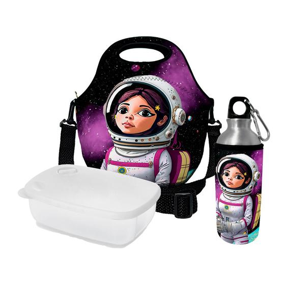 Imagem de Kit Escolar Infantil Lancheira Térmica + Pote Marmita + Squeeze de Alumínio  ISOPRENE  Menina Astronauta