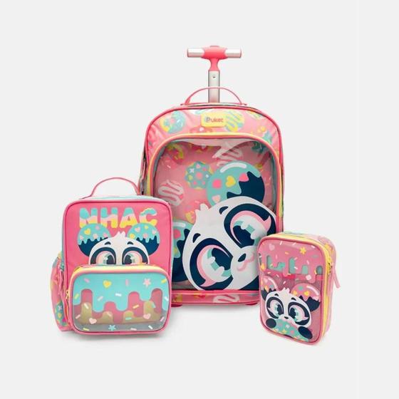 Imagem de Kit Escolar Infantil Mochila Com Rodinha Lancheira Térmica Com Bolsos E Estojo Grande Com Divisórias Panda Donuts Volta ás Aulas