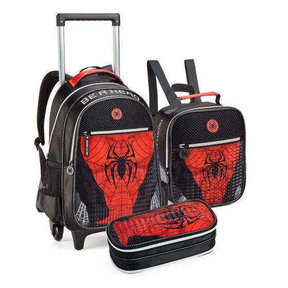 Imagem de Kit Escolar Infantil, Mochila com Rodinhas, Lancheira Termica e Estojo Duplo, Menina, Heroi Spider