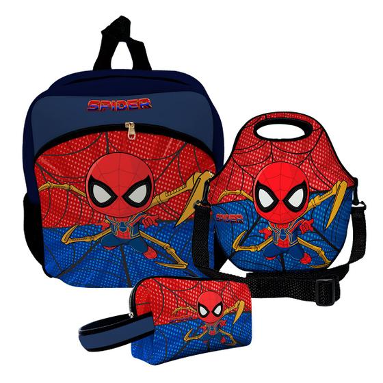 Imagem de Kit Escolar Infantil Mochila de Costas + Lancheira Térmica + Necessaire Plus  ISOPRENE  Menino Aranha