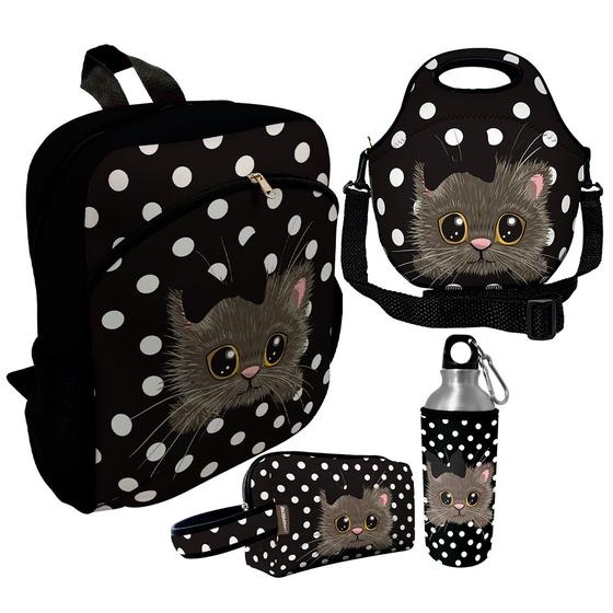 Imagem de Kit Escolar Infantil Mochila de Costas + Lancheira Térmica + Necessaire Plus + Squeeze de Alumínio  ISOPRENE  Gatinho Poá