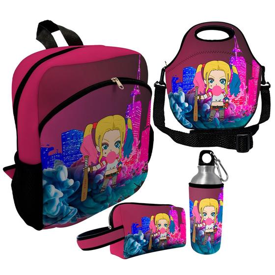 Imagem de Kit Escolar Infantil Mochila de Costas + Lancheira Térmica + Necessaire Plus + Squeeze de Alumínio  ISOPRENE  Menina Louca