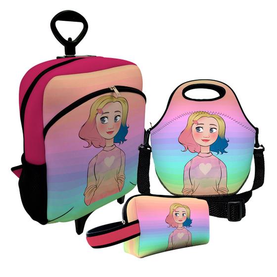 Imagem de Kit Escolar Infantil Mochila de Rodinha + Lancheira Térmica + Necessaire Plus  ISOPRENE  Menina Lobo