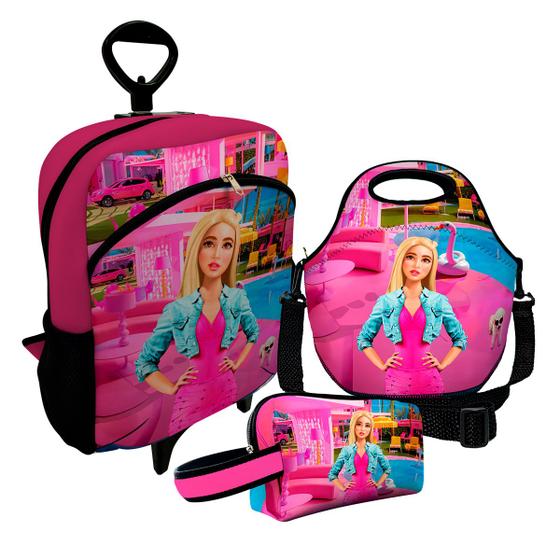 Imagem de Kit Escolar Infantil Mochila de Rodinha + Lancheira Térmica + Necessaire Plus  ISOPRENE  Menina Loira Glamour