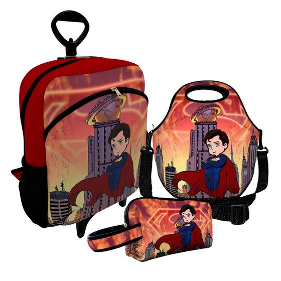 Imagem de Kit Escolar Infantil Mochila de Rodinha + Lancheira Térmica + Necessaire Plus  ISOPRENE  Menino de Aço