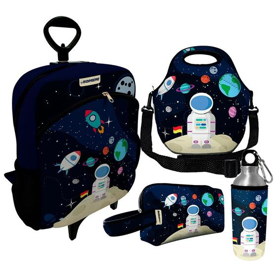 Imagem de Kit Escolar Infantil Mochila de Rodinha + Lancheira Térmica + Necessaire Plus + Squeeze de Alumínio  ISOPRENE  Astronauta
