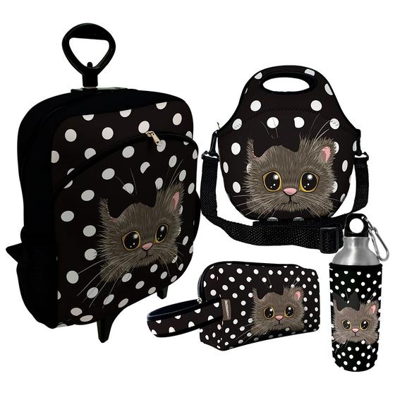 Imagem de Kit Escolar Infantil Mochila de Rodinha + Lancheira Térmica + Necessaire Plus + Squeeze de Alumínio  ISOPRENE  Gatinho Poá