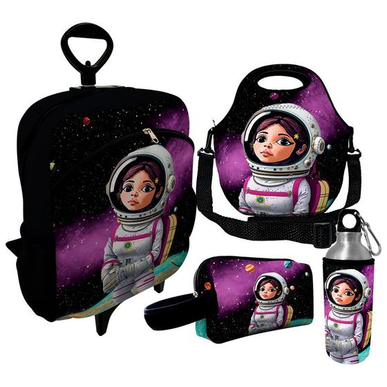 Imagem de Kit Escolar Infantil Mochila de Rodinha + Lancheira Térmica + Necessaire Plus + Squeeze de Alumínio  ISOPRENE  Menina Astronauta