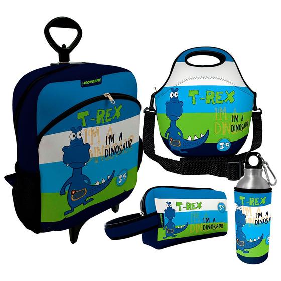 Imagem de Kit Escolar Infantil Mochila de Rodinha + Lancheira Térmica + Necessaire Plus + Squeeze de Alumínio  ISOPRENE  T-Rex