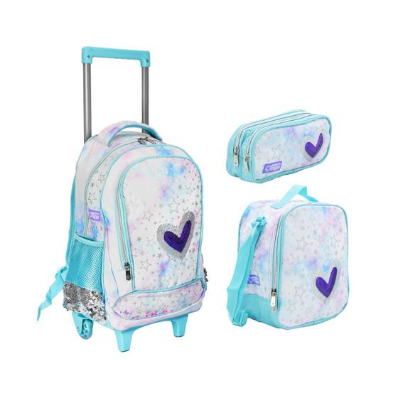 Imagem de Kit Escolar Infantil Mochila de Rodinhas + Lancheira + Estojo Menina Feminina Estampa Fashion Material Aulas Estudo