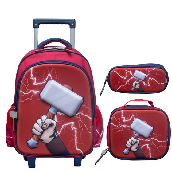 Imagem de Kit Escolar Infantil Mochila Rodinha Lancheira e Estojo 3d Super Hammer Yins 42166 Volta Aulas 