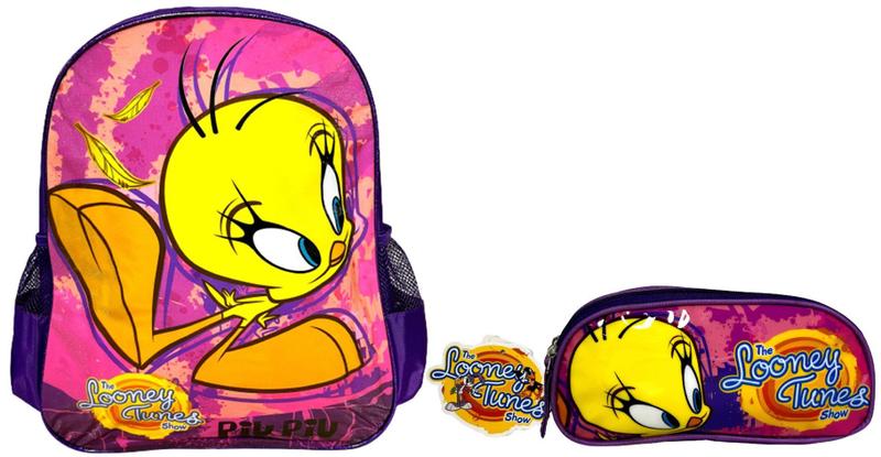 Imagem de Kit Escolar Infantil Roxo Passarinho Piu Piu Tweety - The Looney Tunes Show - Luxcel: Mochila G Costas + Estojo Duplo