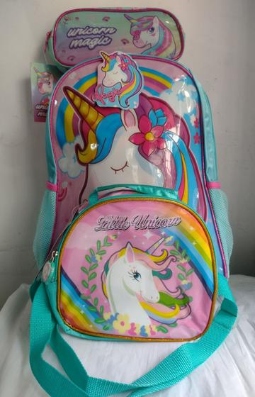 Imagem de kit escolar infantil unicornio mochila+ lancheira e estojo