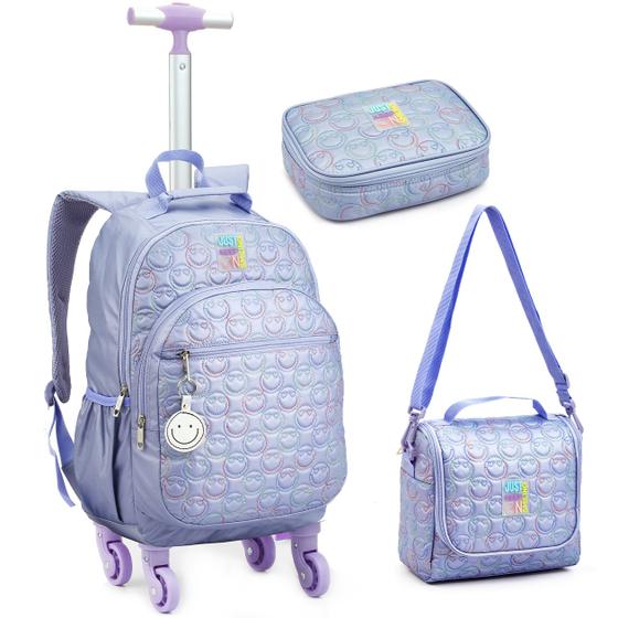 Imagem de Kit Escolar Juvenil Feminino Mochila de Rodas Lancheira Térmica Estojo Estampa Fashion Material Reforçada Alças Infantil P/ Meninas