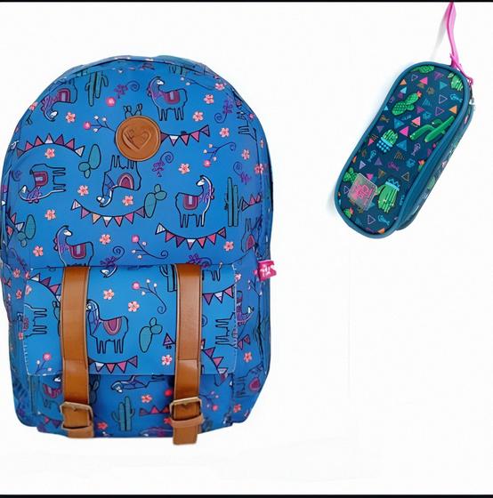 Imagem de Kit escolar juvenil mochila cactos e lhama+ estojo duplo