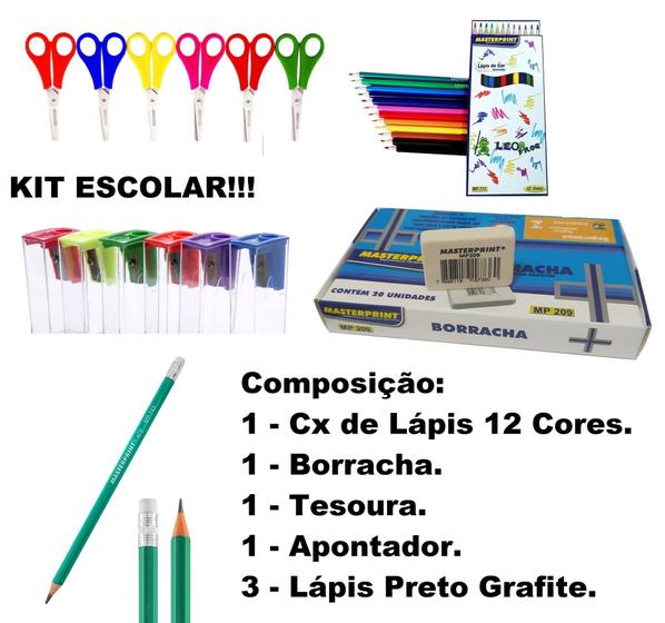 Imagem de Kit Escolar Lápis Grafite Lápis Colorido Tesoura Borracha e Apontador