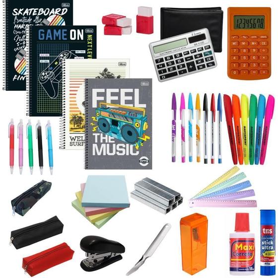 Imagem de Kit Escolar Masculino Top - Caderno, Régua, Canetas, Lápis