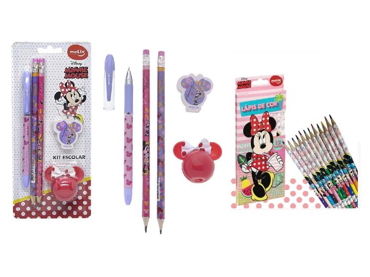 Imagem de Kit Escolar Minnie 17p Lápis Preto e de Cor Caneta Apontador