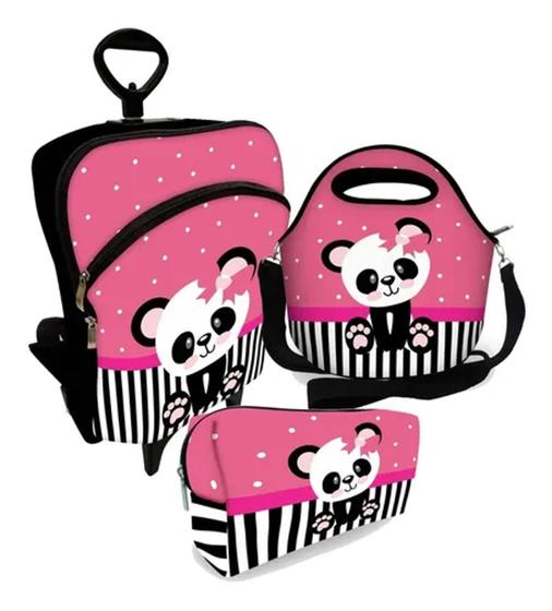 Imagem de Kit Escolar Mochila C/ Carinho + Lancheira + Estojo - Panda Lacinho