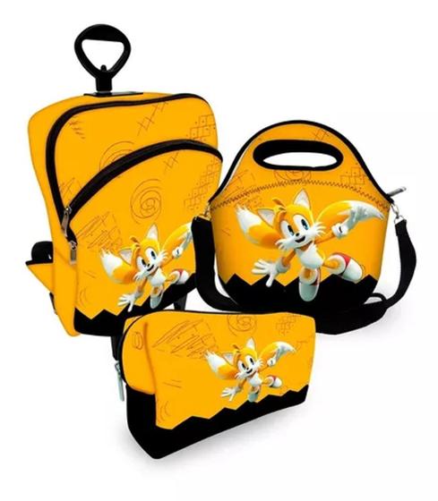 Imagem de Kit Escolar Mochila com Roda Lancheira Estojo Tails Sonic Black