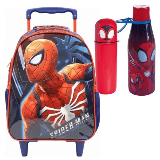 Imagem de Kit Escolar Mochila de Rodinha Garrafa e Estojo Homem Aranha