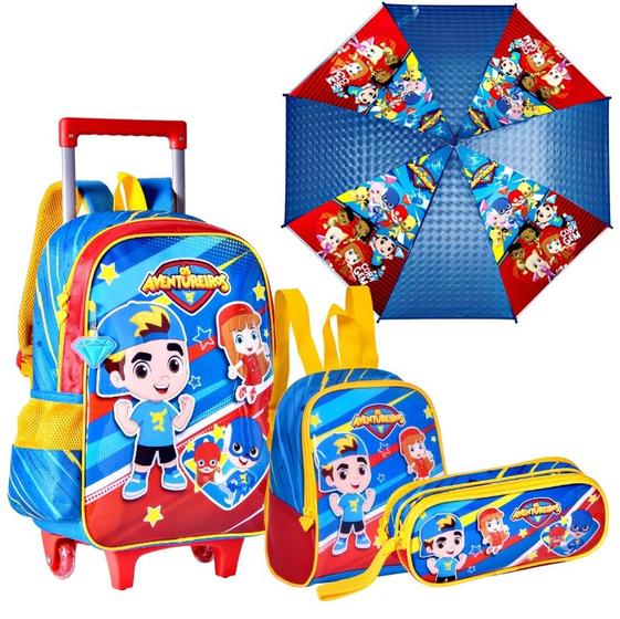 Imagem de Kit Escolar Mochila de  Rodinha Lancheira  Estojo e  Guarda Chuva Os Aventureiros Voltas Aulas Kit Escolar Completo 