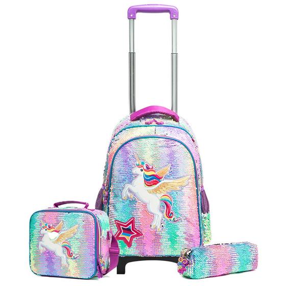 Kit Escolar Mochila De Rodinha Spector + Estojo + Lancheira Unicornío c/ Paetê Muda de Cor Menor preço em Kit Escolar Mochila De Rodinha Spector + Estojo + Lancheira Unicornío c/ Paetê Muda de Cor