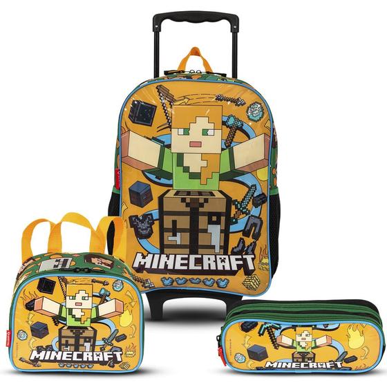 Imagem de Kit Escolar Mochila De Rodinhas Lancheira Estojo Minecraft