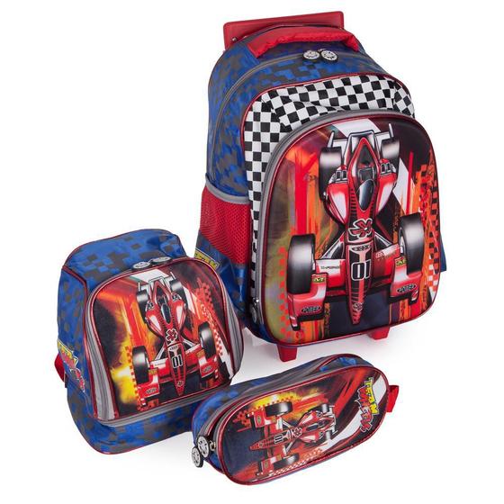 Imagem de Kit Escolar Mochila Infantil com Rodinhas + Lancheira + Estojo Carro Swiss Move Team Wheels 3D Azul