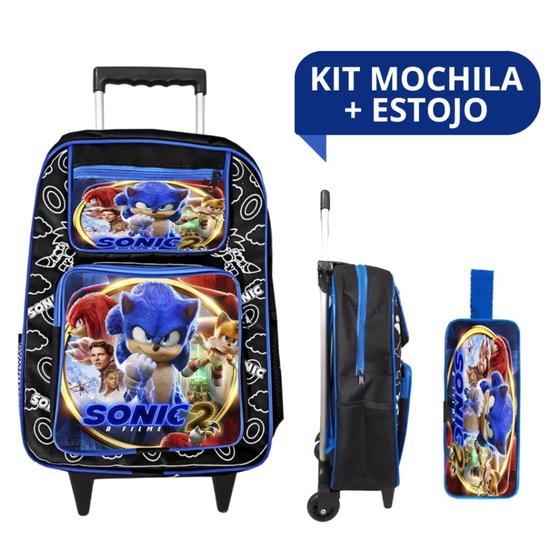 Imagem de Kit Escolar Mochila Rodinha e Estojo Infantil Masculino Menino Personagem Sonic