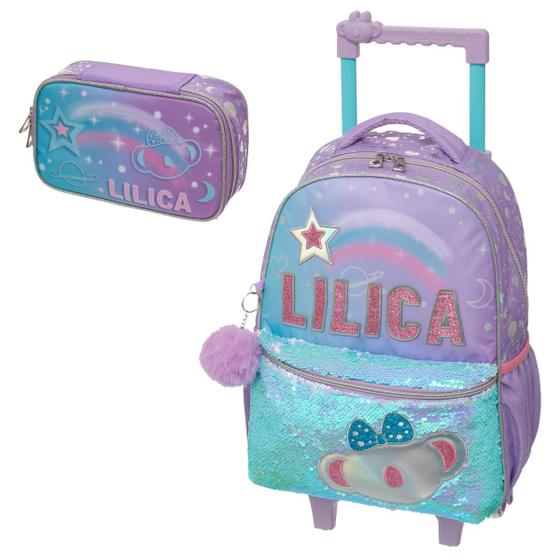 Imagem de Kit Escolar Mochila Rodinhas Estojo Box Com Elásticos Lilica Ripilica Original Make A Wish