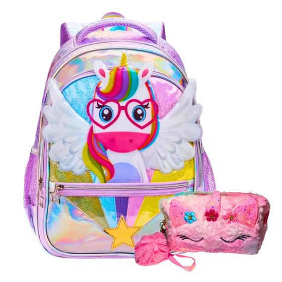 Imagem de Kit Escolar Mochila Unicórnio 3D e Estojo Pelúcia Infantil