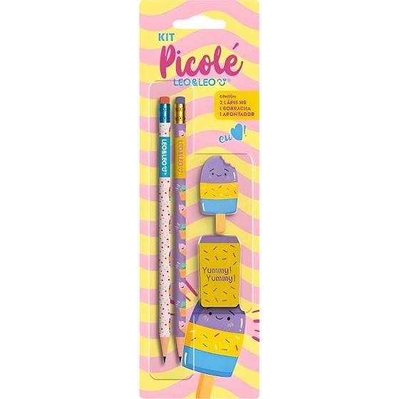 Imagem de Kit Escolar Picolé HB com 4 Peças 2 Lápis e Borracha LeoLeo