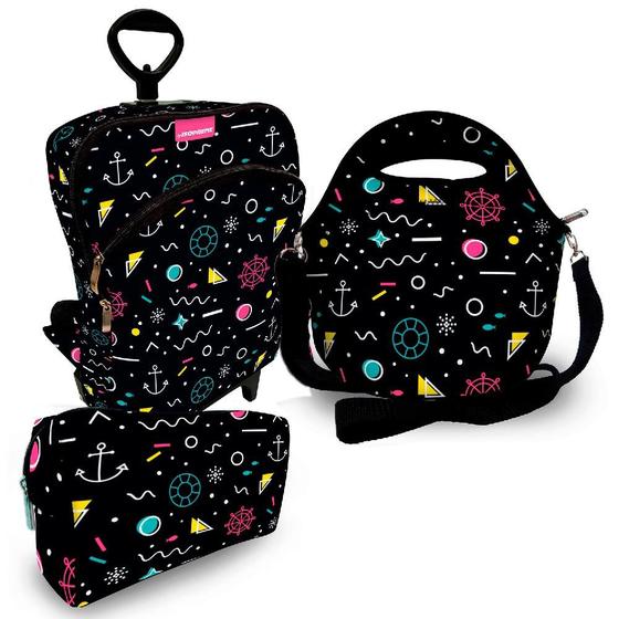 Imagem de Kit Escolar Premium com Mochila c/ Rodinhas + Lancheira + Necessaire Plus  ISOPRENE  Abstrato Black