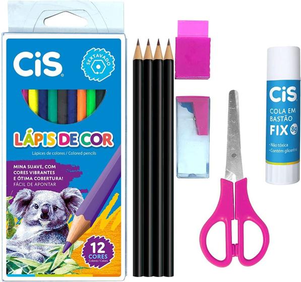 Imagem de Kit Escolar Rosa Com 12 Lápis de Cor + 8 Peças