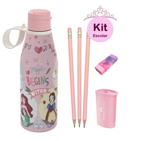 Imagem de Kit Escolar Rosa Pastel Lápis Borracha Apontador + Copo 530ml Plasútil Princesas Disney Infantil Ensino Fundamental 6pcs