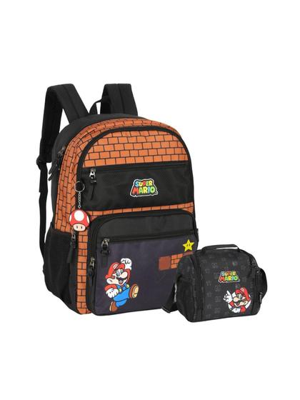 Imagem de Kit Escolar Super Mario Mochila Costa + Lancheira. - Marrom