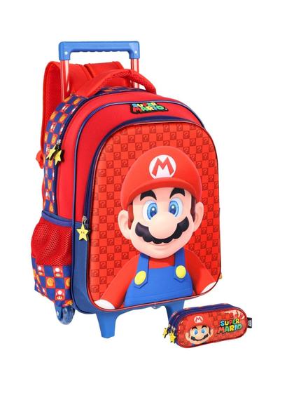 Imagem de Kit Escolar Super Mario Mochila Roda + Estojo Triplo - Azul