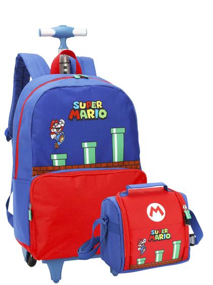 Kit Escolar Super Mario Mochila Rodas + Lancheira Azul Menor preço em Kit Escolar Super Mario Mochila Rodas + Lancheira Azul