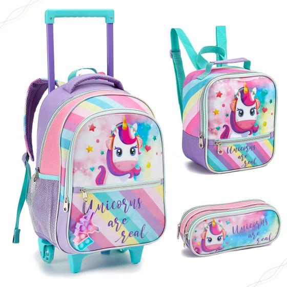 Kit Escolar Unicornio Mochila Com Rodinhas Lancheira E Estojo Menina Infantil Menor preço em Kit Escolar Unicornio Mochila Com Rodinhas Lancheira E Estojo Menina Infantil