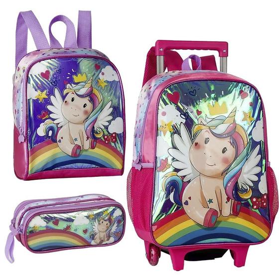 Imagem de Kit Escolar Unicórnio Mochila De Rodinhas Com Estojo E Lancheira Clio Pets