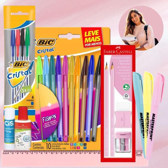 Imagem de Kit Escolar Voltas Aulas 24 Itens Caneta Lápis Borracha Apontador Marca Texto Rosa Pastel Ensino Médio e Fundamental